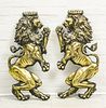 PATINATED METAL STANDING CROWNED LION PLAQUES, 20TH C., PAIR, H 32", W 15" 