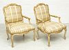 LOUIS XV STYLE WALNUT AND SILK OPEN ARMCHAIRS H 3'2" W 2'3" D 2'5" 