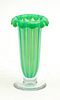 LIBBEY GLASS FLOWER VASE,  GREEN AND OPALESCENT C 1930 H 8.2" 
