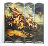 FRENCH REVOLUTIONARY SCENE, OIL PAINTED WOOD FOLDING SCREEN H 72" W 68" 