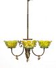 VICTORIAN 3 ARMS, GREEN CARNIVAL GLASS CHANDELIER H 30" 