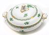 HEREND 'CHINESE BOUQUET GREEN' PORCELAIN COVERED VEGETABLE DISH, H 5.5", L 11"