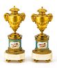 FRENCH DORE BRONZE & SEVRES PORCELAIN MARBLE URNS, 19TH C, H 15", W 5"