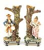 MAJOLICA FIGURINES WITH VASES C. 1900, H 13" W 5.5" "BOY WITH TAMBOURINE" & "GIRL WITH FAN" 