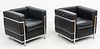 LE CORBUSIER STYLE (FRENCH/SWISS, 1887–1965) TUBULAR CHROME STEEL FRAME AND  BLACK LEATHER ARMCHAIRS, PAIR, H 27" W 30" D 28" 