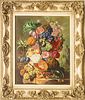 FREDERICK VICTOR  BAILEY  (BRITISH, 1919-1996)  OIL ON MASONITE H 24" W 20" STILL LIFE OF FRUIT AND FLOWERS 