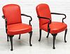 RED LEATHER AND BLACK PAINTED WOOD ARMCHAIRS, PAIR, H 36", W 24", D 21" 