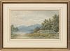 SIGNED G.A. WILLIAMS, WATERCOLOR ON PAPER, 1877, H 9 1/2", W 16", MOUNTAINOUS RIVER LANDSCAPE 