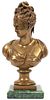 BRASS BUST ON GREEN MARBLE, H 11", W 4", ALLEGORICAL WOMAN 