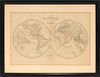 HAND-TINTED LITHOGRAPH ON PAPER, 19TH C, H 12", W 18", "MAPPE-MONDE EN DEUX HEMISPHERES" 