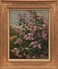 J.S. VOORHEES (AMER, MICH, 1861-40), OIL ON CANVAS MOUNTED ON PANEL, C. 1905, H 30", L 24", LILACS WITH BEES 