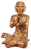 THAI CARVED WOOD, LACQUERED, AND BEJEWELED SCUPTURE 19TH.C. H 10 1/4" MONK AT PRAYER 