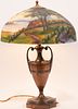 PAIRPOINT REVERSE PAINTED PATINATED METAL TABLE LAMP H 22.5" DIA 16.5" 