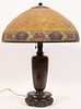 HANDEL REVERSE PAINTED GLASS AND PATINATED METAL TABLE LAMP H 25" DIA 17.5" 