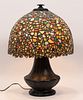 AMERICAN LEADED GLASS TABLE LAMP ON PATINATED WHITE METAL BASE H 22" DIA 16" 