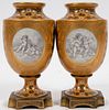 FRENCH SEVRES BRONZE MOUNTED PORCELAIN EMPIRE URNS, PAIR, H 6", DIA 3"