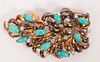 18KT YELLOW GOLD, TURQUOISE AND DIAMOND BROOCH, SIGNED L 2.1" 