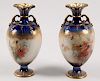 PAIR OF COBALT AND GOLD DOUBLE HANDLED VASES