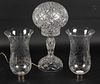 3 PIECE LOT OF CUT GLASS LAMP AND PAIR OF SHADES