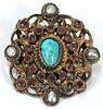 AUSTRO-HUNGARIAN TURQUOISE,SAPPHIRE & PEARL BROOCH, DIA 1.5", T.W. 16 GR 