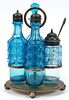 BLUE GLASS CONDIMENT SET IN SILVER PLATE FRAME C. 1870, H 9.5" 