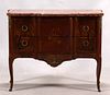 LOUIS XV C. 1800 WALNUT AND FRUITWOOD MARBLE TOP COMMODE, LANDSCAPE INLAY H 33" W 20" L 42" 