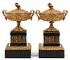 FRENCH BRONZE & MARBLE MANTEL URNS, 19TH C, PAIR, H 10", W 6.5" 