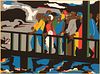 JACOB LAWRENCE (AMERICAN, 1917–2000) SCREENPRINT IN COLORS, ON STRATHMORE PAPER, 1975 H 19.5" W 26" CONFRONTATION AT THE BRIDGE 