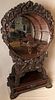 JAPANESE CARVED WOOD DRUM FORM CURIO CABINET, H 80", W 42", D 23"
