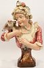 MAJOLICA CERAMIC BUST, YOUNG GIRL WITH BIRD ON SHOULDER 19TH.C. H 21.5" W 15" 