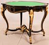 FRENCH BOULLE EBONY GAME -  CONSOLE TABLE, BRONZE ORMOLU  MOUNTS 19TH.C. H 30" W 40" D 17"  