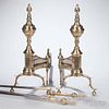 Pair of Brass and Iron Urn-top Andirons with Matching Tools