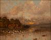 KARL HEFFNER (GERMAN, 1849-25), OIL ON CANVAS, H 9", W 11.25", LAKE AT DUSK 