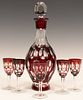 RUBY CUT TO CLEAR GLASS DECANTER & CORDIALS, 6 PCS, H 4"-11" 