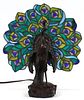 PEACOCK SCULPTURAL LEADED GLASS LAMP H 14" W 12 1/2" 