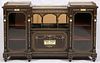 NEOCLASSICAL INFLUENCE EBONIZED CURIO CABINET CREDENZA WITH POTTERY PLAQUES, BRONZE ORMULU INLAID MOTHER OF PEARL (1) H 45", W 70"'