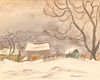 MARTHA BURCHFIELD (AMERICAN 1924 - 1977) WATERCOLOR AND INK ON PAPER, 1974, H 11", W 13", "WINTER IN THE VALLEY" 