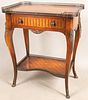 LOUIS XV STYLE WALNUT & SATINWOOD TABLE, C. 1930 H 31", L 26"