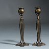Pair of Tiffany Studios bronze candlesticks with paw feet