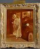 Oil on canvas, "Stepping Out", woman in formal dress stepping out of an antique auto at night, signed J. Deveau