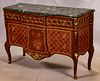 LOUIS XVI STYLE MARQUETRY-INLAID AND GILT BRONZE MOUNTED MARBLE TOP COMMODE, 20TH C.  H 34", W 50", D 19.5" 