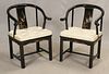 CHINESE BLACK LAQUER ARM CHAIRS, PAIR, H 32", W 24"