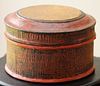 JAPANESE RED LACQUER COVERED BOX, H 6", DIA 9" 