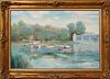 PETER NOEL, OIL ON CANVAS, LATE 20TH C, H 24", W 36", RIVERSCAPE WITH BOATS 