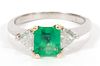 1.40 CT COLOMBIAN EMERALD &  0.50 CT SHIELD CUT DIAMOND H-I/ SI1-J1-2, 18KT YELLOW GOLD, RING SIZE 6, TW. 4.8 GR. 