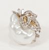 FREE FORM BAROQUE, PEARL & 0.78CT DIAMOND, 14KT YELLOW & WHITE GOLD, RING, SIZE 7, TW. 11.1 GR. 