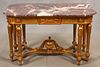 LOUIS XVI STYLE, CARVED GILTWOOD AND MARBLE TOP TABLE, H 30", W 50", D 30" 
