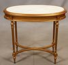 LOUIS XVI STYLE, GILT WOOD AND WHITE MARBLE TOP TABLE, H 30", W 34", D 22 1/2" 