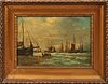 OIL ON CANVAS  C.1860-1920'S, H 15", W 23" (IMAGE), DUTCH PORT SCENE AT LOW TIDE 