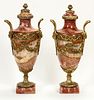 FRENCH ONYX AND BRONZE COVERED URNS, 19TH.C. PAIR, H 24.5", L 11"